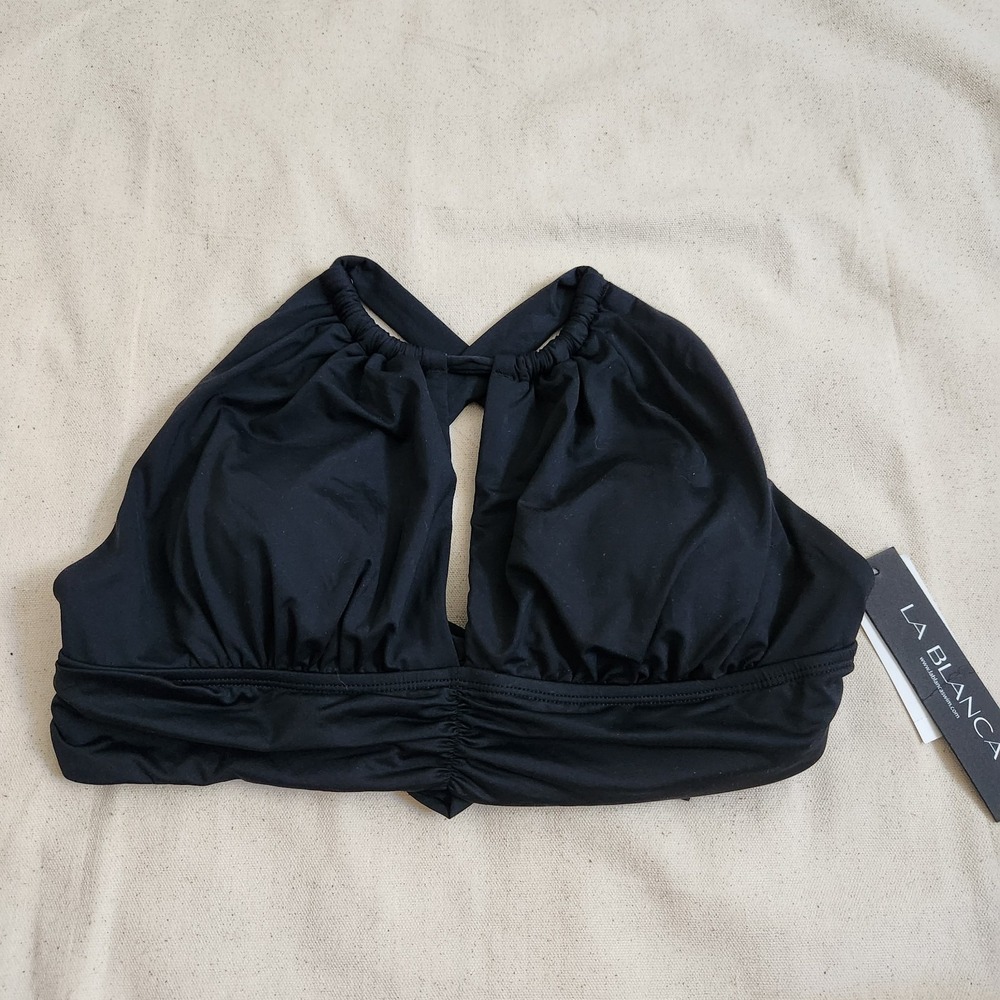 NEW LA BLANCA Island Goddess Rouched Halter Bikini Top Swimsuit Top 12 Black
